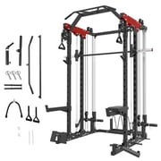 Mikolo Smith Machine, 2000LBS Power Cage Squat Rack with Smith Bar, Two LAT Pull-Down Systems, Cable Crossover Machine and More Cable Attachment for Home Gym