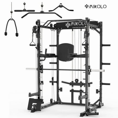 Mikolo Smith Machine Home Gym, 2000lbs Squat Rack with LAT-Pull Down System & Cable Crossover Machine, Training Equipment Black