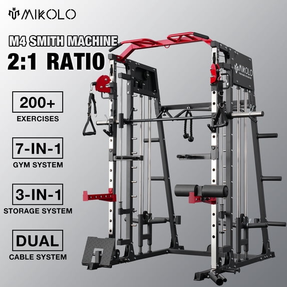 Mikolo Smith Machine, 2200 lbs Power Rack Cage with Cable Crossover, Weight Bar, 360° Landmine, Barbell Holders and Other Attachments, Total Body Strength Training Cage