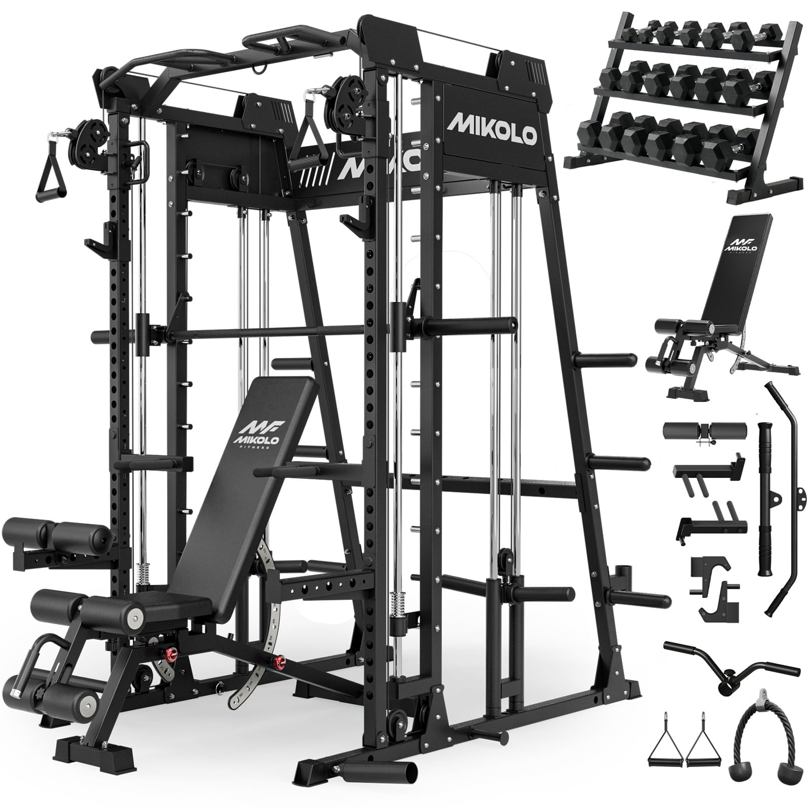 M11 Smith Machine -Black & Bench & 450 lbs Dumbbell Set with 3-Tier Rack