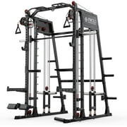 Mikolo Smith Machine with Aluminum Pulleys, 2200lbs Squat Rack with LAT-Pull Down System & Cable Crossover Machine, Training Equipment with Leg Hold-Down Attachment