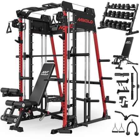 Mikolo Smith Machine with 286 LBS Weigth Stack, 2200lbs Squat Rack with LAT-Pull Down System & Cable Crossover Machine, Training Equipment with Leg Hold-Down Attachment