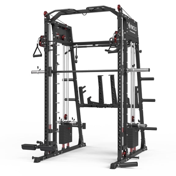 Mikolo Smith Machine with 286 LBS Weigth Stack, 2200lbs Squat Rack with LAT-Pull Down System & Cable Crossover Machine, Training Equipment with Leg Hold-Down Attachment