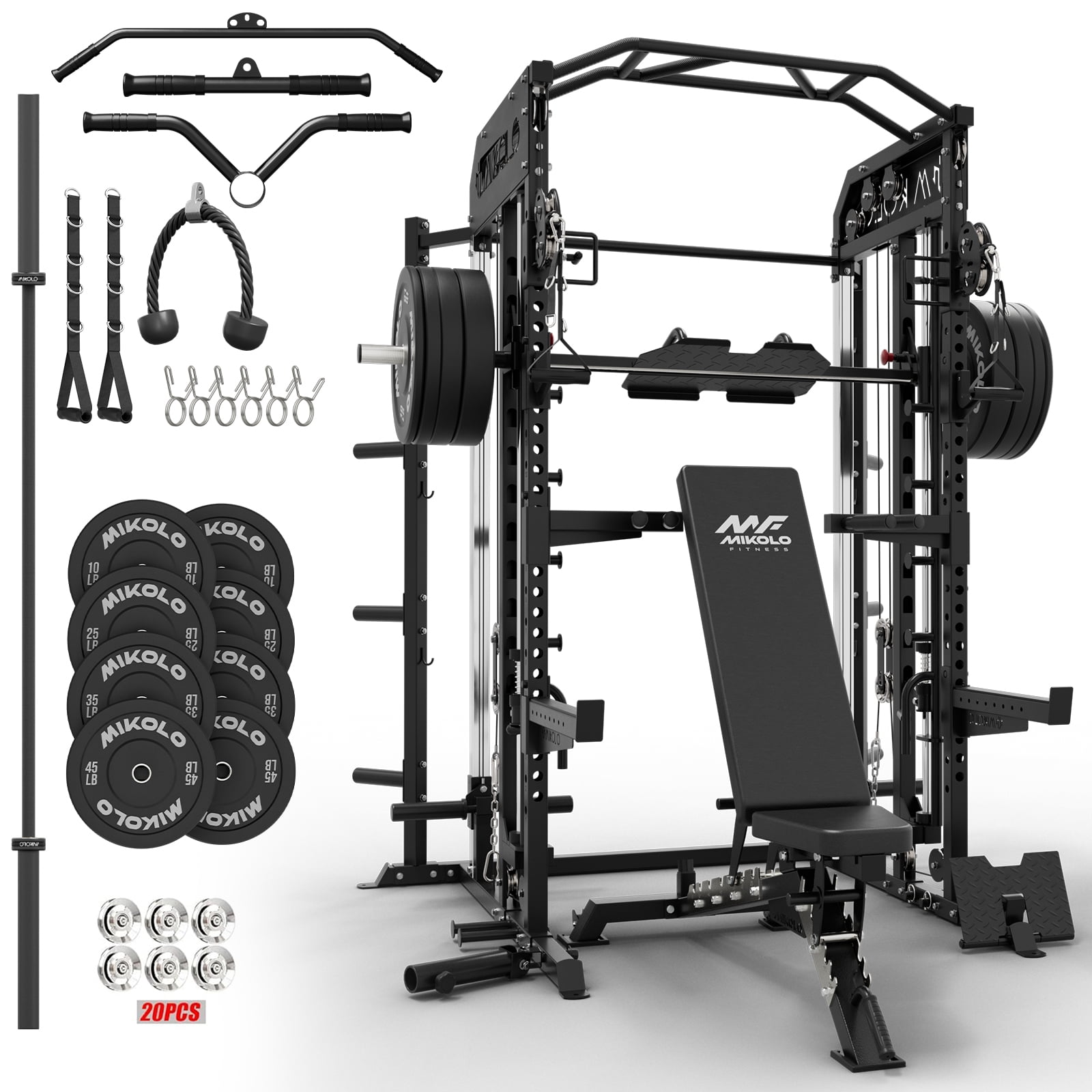 Mikolo Smith Machine, All-in-One Power Cage with Vertical Leg Press, 2000LBS Squat Rack with Smith Bar, Dual Pulley Cable Crossover System for Home Gym with Barbell Bench and 230 Black Plates