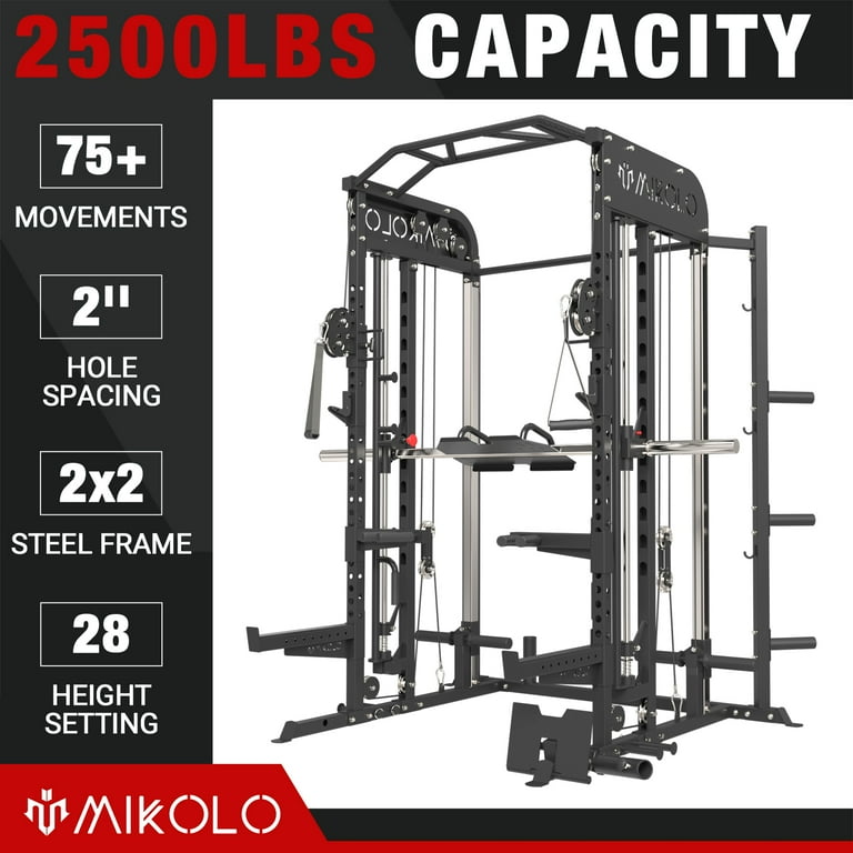 Mikolo Smith Machine, All-in-One Power Rack Cage with Adjustable Cable  Crossover, Vertical Leg Press and Smith Bar, Multifunctional Squat Rack  with J Hook, Spotter Arms and Other 