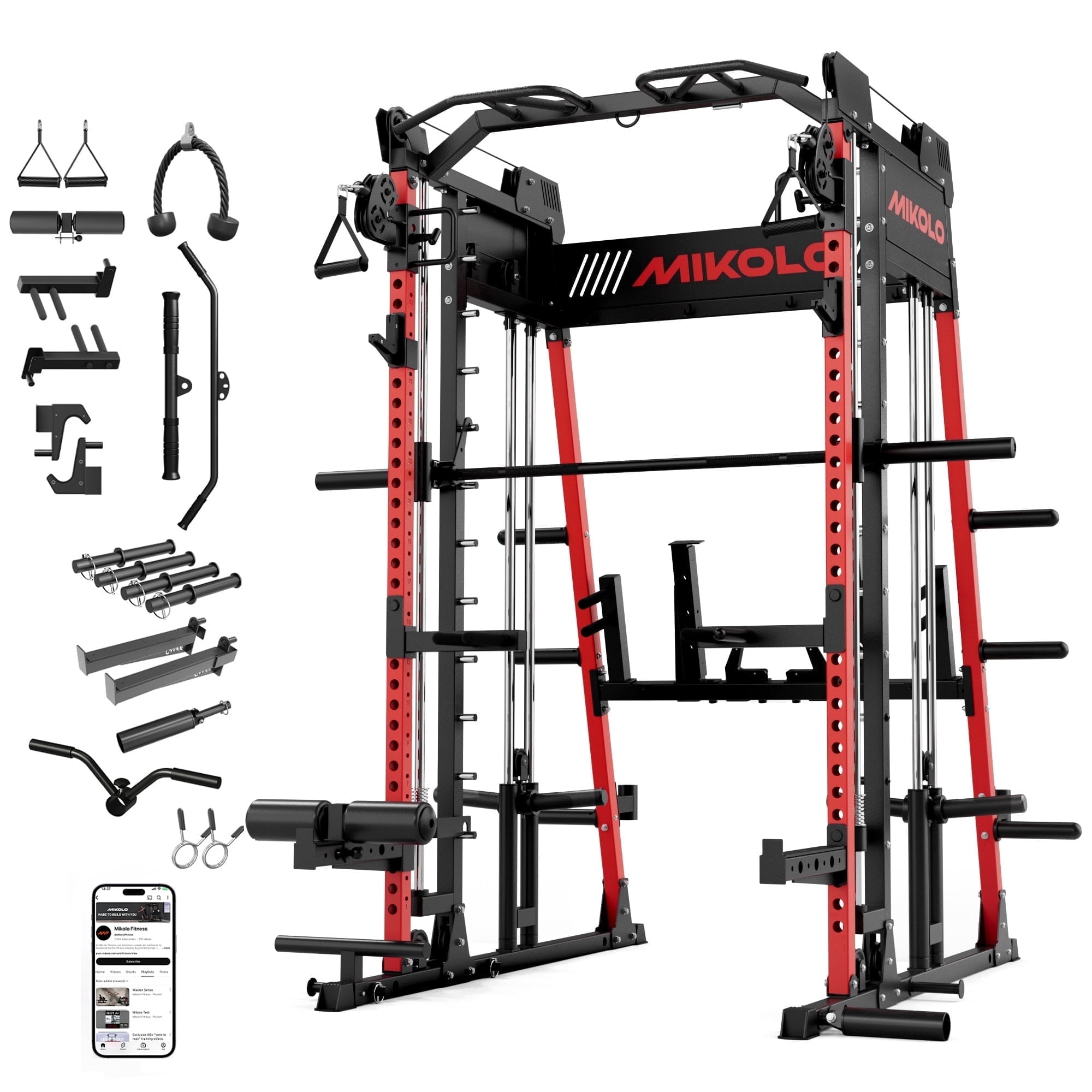Mikolo M11 Smith Machine, All-in-One Power Rack Cage with Adjustable Cable Crossover, Vertical Leg Press and Smith Bar with 1500 lbs Capacity Barbell Combo