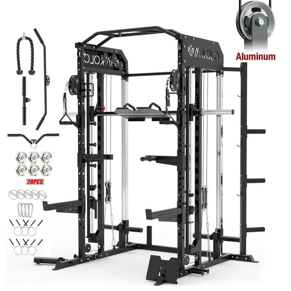 Mikolo Smith Machine, All-in-One Power Rack Cage with Vertical Leg Press, 2000LBS Power Cage Squat Rack with Smith Bar, Dual Pulley Cable Crossover System for Home gym