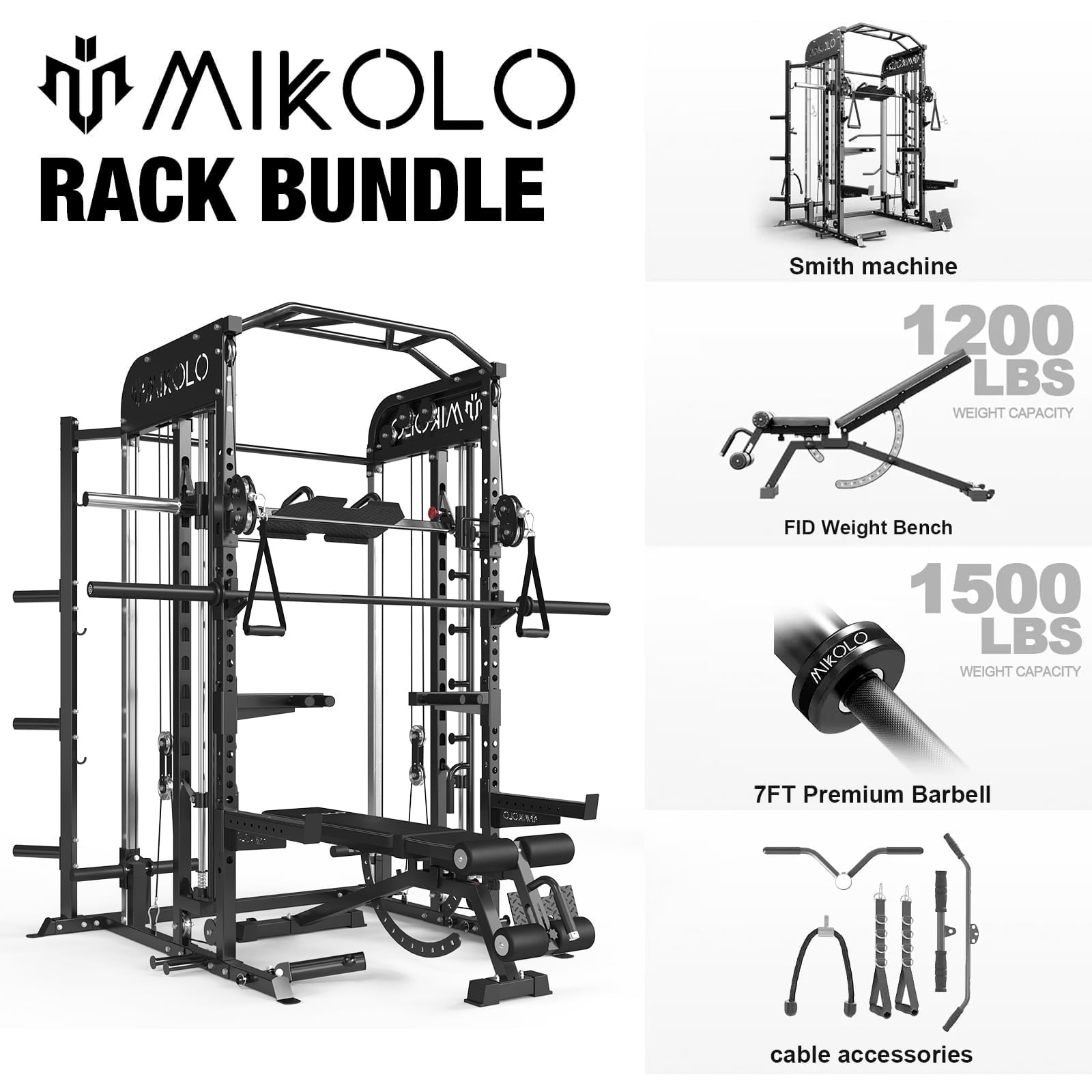 Mikolo Smith Machine, All-in-One Power Rack Cage with Vertical Leg Press, 2000LBS Power Cage Squat Rack with Smith Bar, Dual Pulley Cable Crossover System for Home Gym with Adjustable Dumbbells