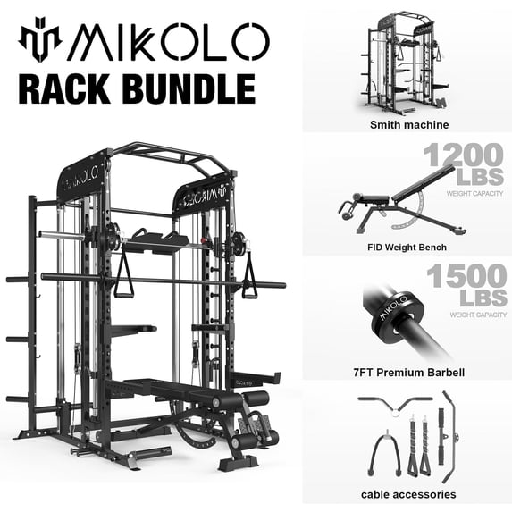 Mikolo Smith Machine, All-in-One Power Rack Cage with Vertical Leg Press, 2000LBS Power Cage Squat Rack with Smith Bar, Dual Pulley Cable Crossover System for Home Gym with Adjustable Dumbbells