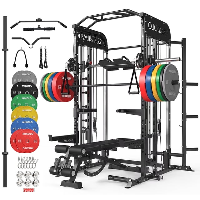 Mikolo Smith Machine, All-in-One Power Rack Cage with Vertical Leg Press, 2000LBS Power Cage Squat Rack with Smith Bar, Dual Pulley Cable Crossover System for Home gym