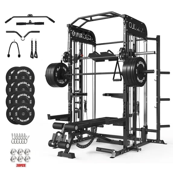 Mikolo Smith Machine, All-in-One Power Rack Cage with Vertical Leg Press, 2000LBS Power Cage Squat Rack with Smith Bar, Weight Bench, 230LB Weight Plats for Home gym
