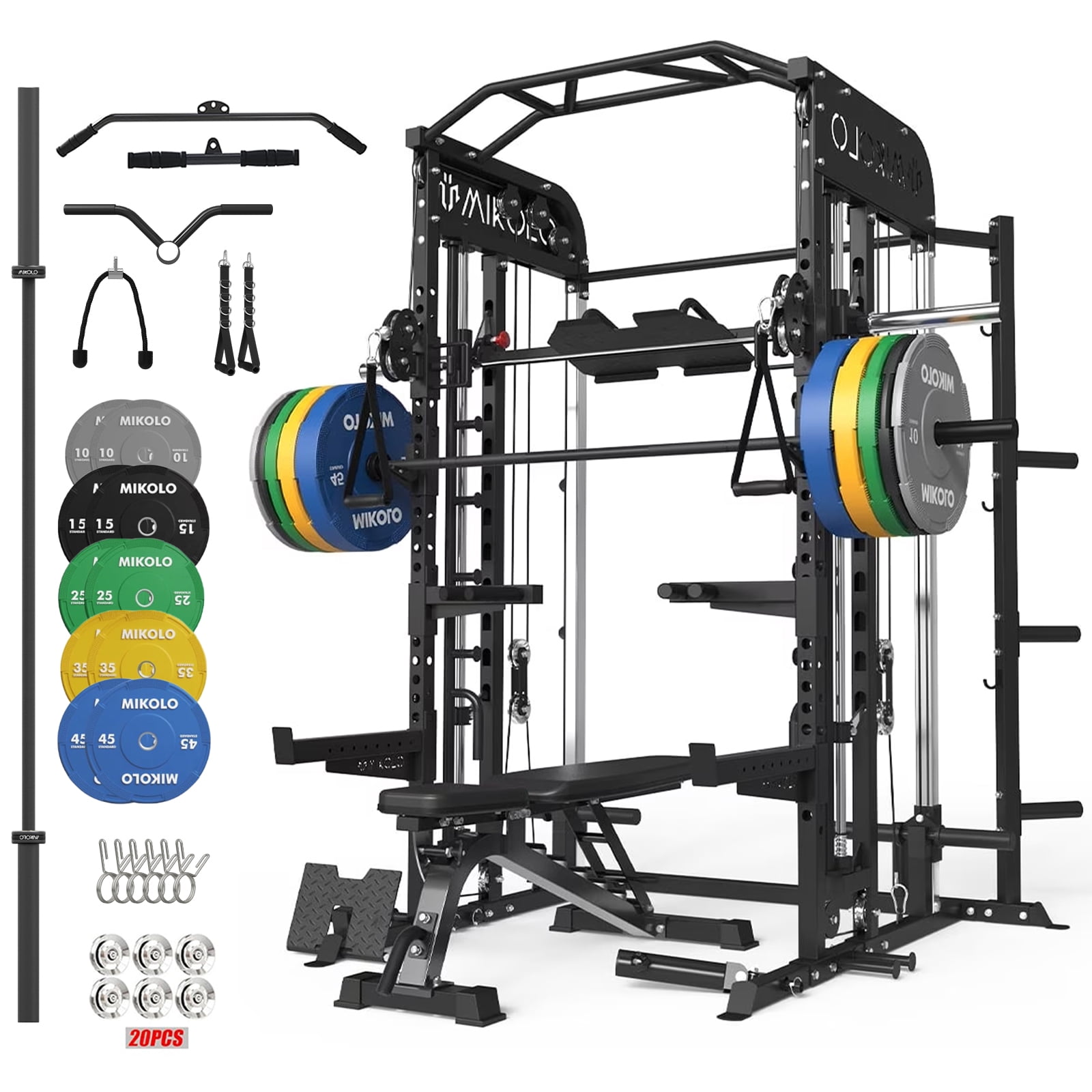 Mikolo Smith Machine, All-in-One Power Rack Cage with Vertical Leg Press, 2000LBS Power Cage Squat Rack with Smith Bar, Dual Pulley Cable Crossover System for Home gym