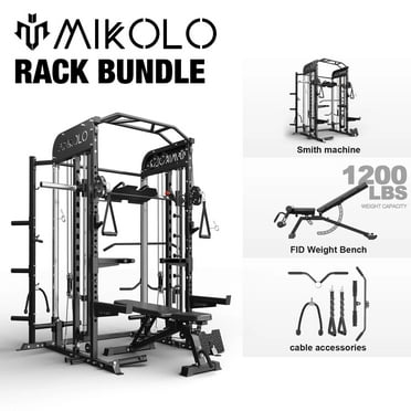 Mikolo Smith Machine, All-in-One Power Rack Cage with Vertical Leg Press, 2000LBS Power Cage Squat Rack with Smith Bar, Dual Pulley Cable Crossover System for Home gym with weight bench
