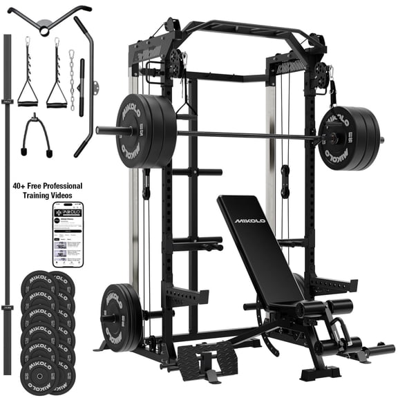 Mikolo Power Rack Cage with Dual Pulley Cable Crossover Machine,Multi-Function Squat Rack with J Hooks,Dip Bars and Landmine for Home Gym with 370LB Weight Plates