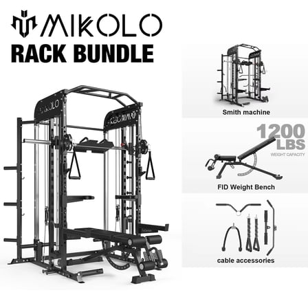 Mikolo Smith Machine, All-in-One Power Rack Cage with Vertical Leg Press, 2000LBS Power Cage Squat Rack with Smith Bar, Dual Pulley Cable Crossover System for Home gym with weight bench