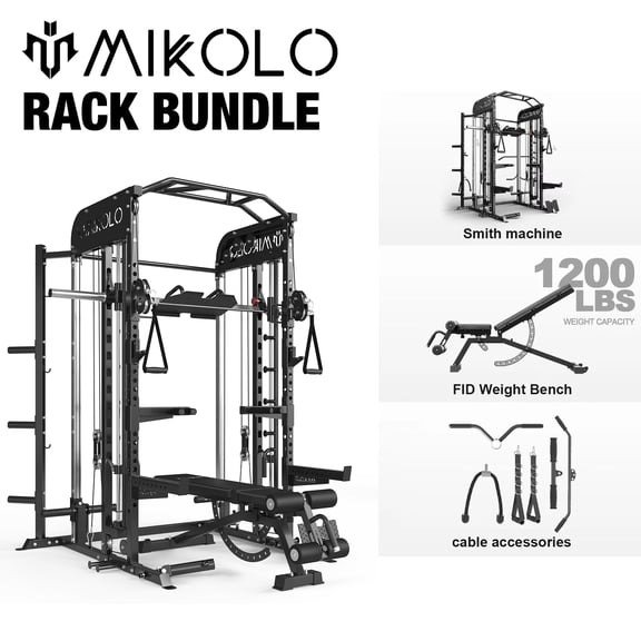 Mikolo Smith Machine, All-in-One Power Rack Cage with Vertical Leg Press, 2000LBS Power Cage Squat Rack with Smith Bar, Dual Pulley Cable Crossover System for Home gym with weight bench