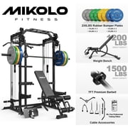 Mikolo Power Rack Cage with Dual Pulley Cable Crossover Machine,Multi-Function Squat Rack with J Hooks,Dip Bars and Landmine for Home Gym with Barbell and Weight Bench and 230LB Colorful Plates