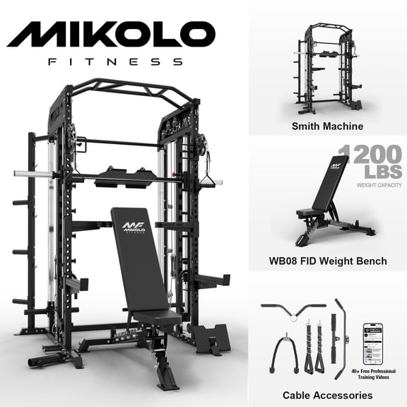 Mikolo Smith Machine, All-in-One Power Rack Cage with Vertical Leg Press, 2000LBS Power Cage Squat Rack with Smith Bar, Dual Pulley Cable Crossover System for Home gym with weight bench