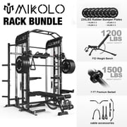 Mikolo Smith Machine, All-in-One Power Rack Cage with Vertical Leg Press, 2000LBS Power Cage Squat Rack with Smith Bar, Dual Pulley Cable Crossover with Weight Bench, Barbell, 230LB Weight Plates