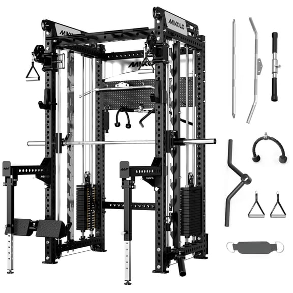 Mikolo Anubis-2.0 Smith Machine with Weight Stack, 3“×3” All-in-One Power Cage with LAT Pulldown & Cable Crossover, 3200LBS Multi-Function Trainer with Aluminum Pulley System for Fitness Home Gym