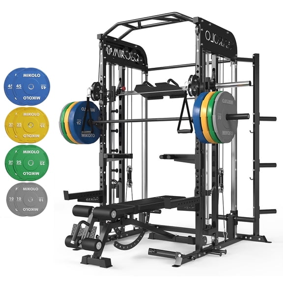Mikolo Smith Machine, All-in-One Power Rack Cage with Vertical Leg Press, 2000LBS Power Cage Squat Rack with Smith Bar, Dual Pulley Cable Crossover System for Home gym with barbell bench and plates