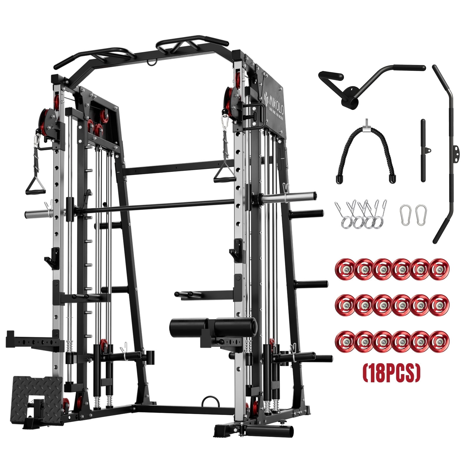 Mikolo Smith Machine with 18pcs Aluminum Pulley, 2200 lbs Power Rack Cage with Cable Crossover, Weight Bar, 360° Landmine, Barbell Holders and Other Attachments, Total Body Strength Training Cage