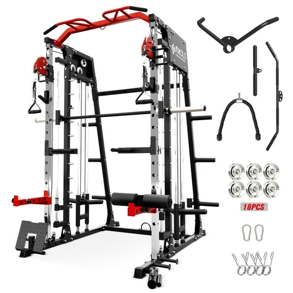 Mikolo Smith Machine with Aluminum Pulley, 2200 lbs Power Rack Cage with Cable Crossover, Weight Bar, 360° Landmine, Barbell Holders and Other Attachments, Total Body Strength Training Cage