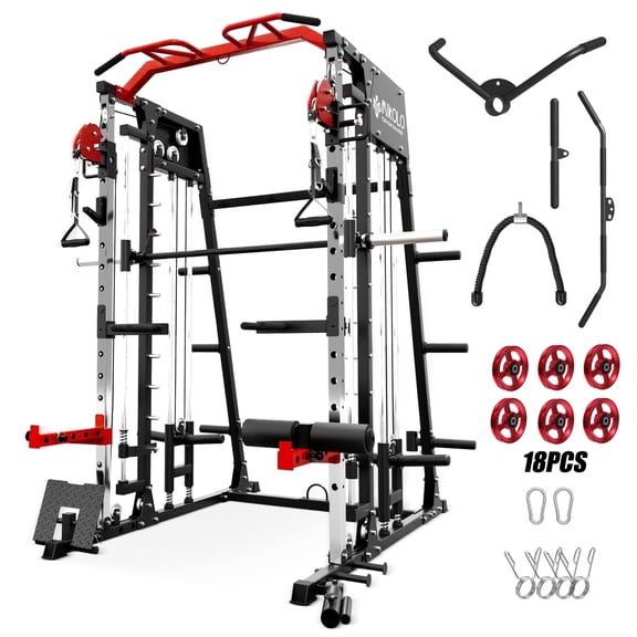 Mikolo Smith Machine with Aluminum Pulley, 2200 lbs Power Rack Cage with Cable Crossover, Weight Bar, 360° Landmine, Barbell Holders and Other Attachments, Total Body Strength Training Cage