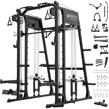 Mikolo Smith Machine, 2200lbs Squat Rack with LAT-Pull Down System & Cable Crossover Machine, Training Equipment with Leg Hold-Down Attachment