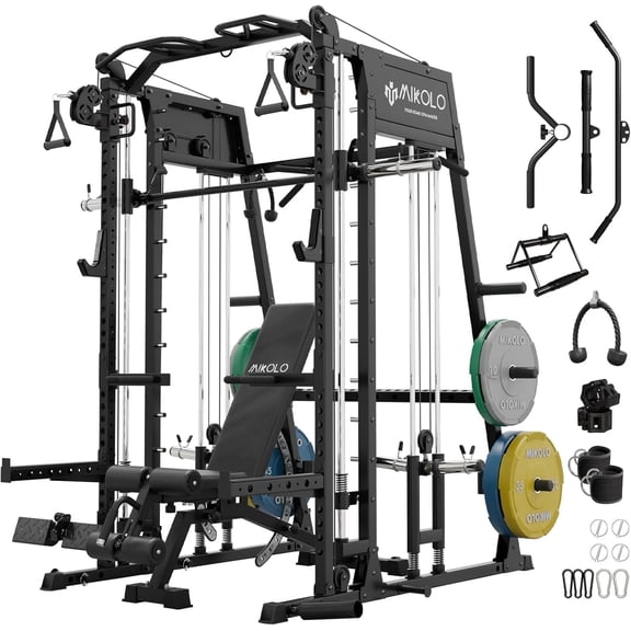 Mikolo M4 2.0 Smith Machine, 2200lbs Squat Rack with LAT-Pull Down System & Cable Crossover Machine, Training Equipment with Leg Hold-Down Attachment
