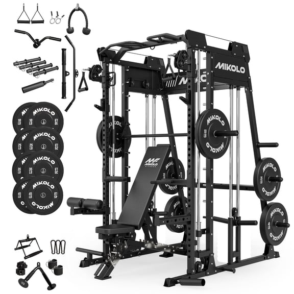 Mikolo M11 Smith Machine Home Gym, 2200lbs Squat Rack with LAT-Pull Down System & Cable Crossover Machine, Training Equipment with 230LBS Plates