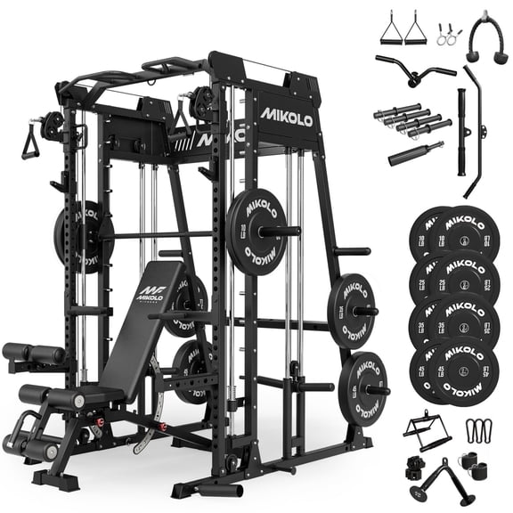 Mikolo M11 Smith Machine, 2200lbs Squat Rack with LAT-Pull Down System & Cable Crossover Machine, Training Equipment with Leg Hold-Down Attachment
