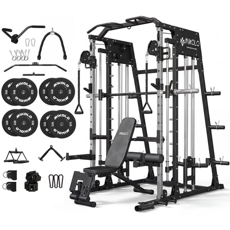 Mikolo M4 All-In-One Smith Machine Home Gym Package, 2200 lbs Power Rack Cage with Cable Crossover, 360° Landmine, Barbell Holders and Other Attachments, Total Body Strength Training Cage