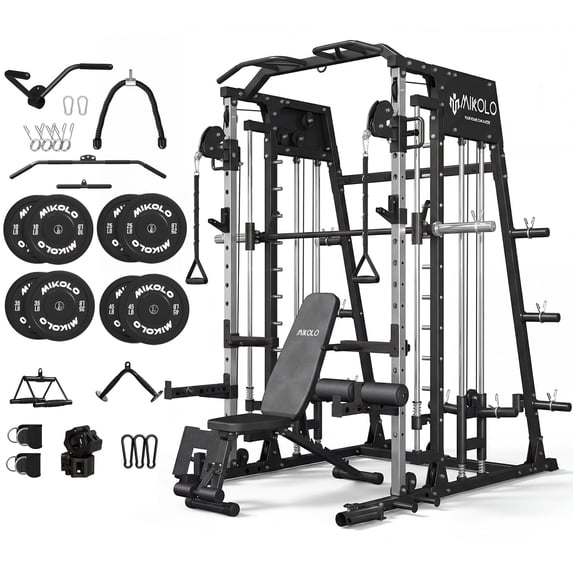 Mikolo M4 All-In-One Smith Machine Home Gym Package, 2200 lbs Power Rack Cage with Cable Crossover, 360° Landmine, Barbell Holders and Other Attachments, Total Body Strength Training Cage