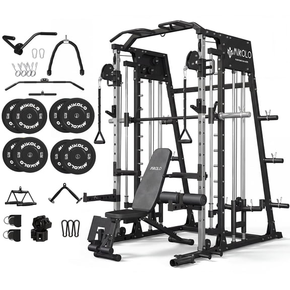 Mikolo M4 All-In-One Smith Machine Home Gym Package, 2200 lbs Power Rack Cage with Cable Crossover, 360° Landmine, Barbell Holders and Other Attachments, Total Body Strength Training Cage