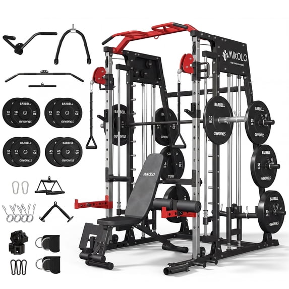 Mikolo M4 All-In-One Smith Machine Home Gym Package, 2200 lbs Power Rack Cage with Cable Crossover, 360° Landmine, Barbell Holders and Other Attachments, Total Body Strength Training Cage