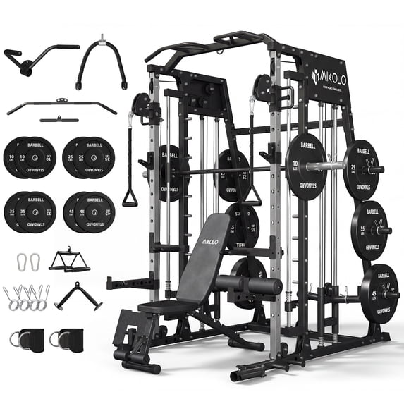 Mikolo M4 All-In-One Smith Machine Home Gym Package, 2200 lbs Power Rack Cage with Cable Crossover, 360° Landmine, Barbell Holders and Other Attachments, Total Body Strength Training Cage
