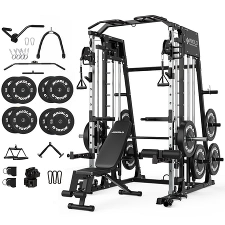 Mikolo M4 All-In-One Smith Machine Home Gym Package, 2200 lbs Power Rack Cage with Cable Crossover, 360° Landmine, Barbell Holders and Other Attachments, Total Body Strength Training Cage