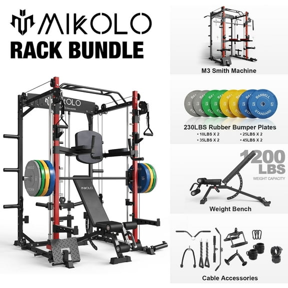 Mikolo Smith Machine Home Gym, 2000 lbs Power Rack Cage with Cable Crossover, Smith Cage with 1200LB Capacity Adjustable Weight Bench and 230 lbs Weight Plate, Total Body Strength Training Cage