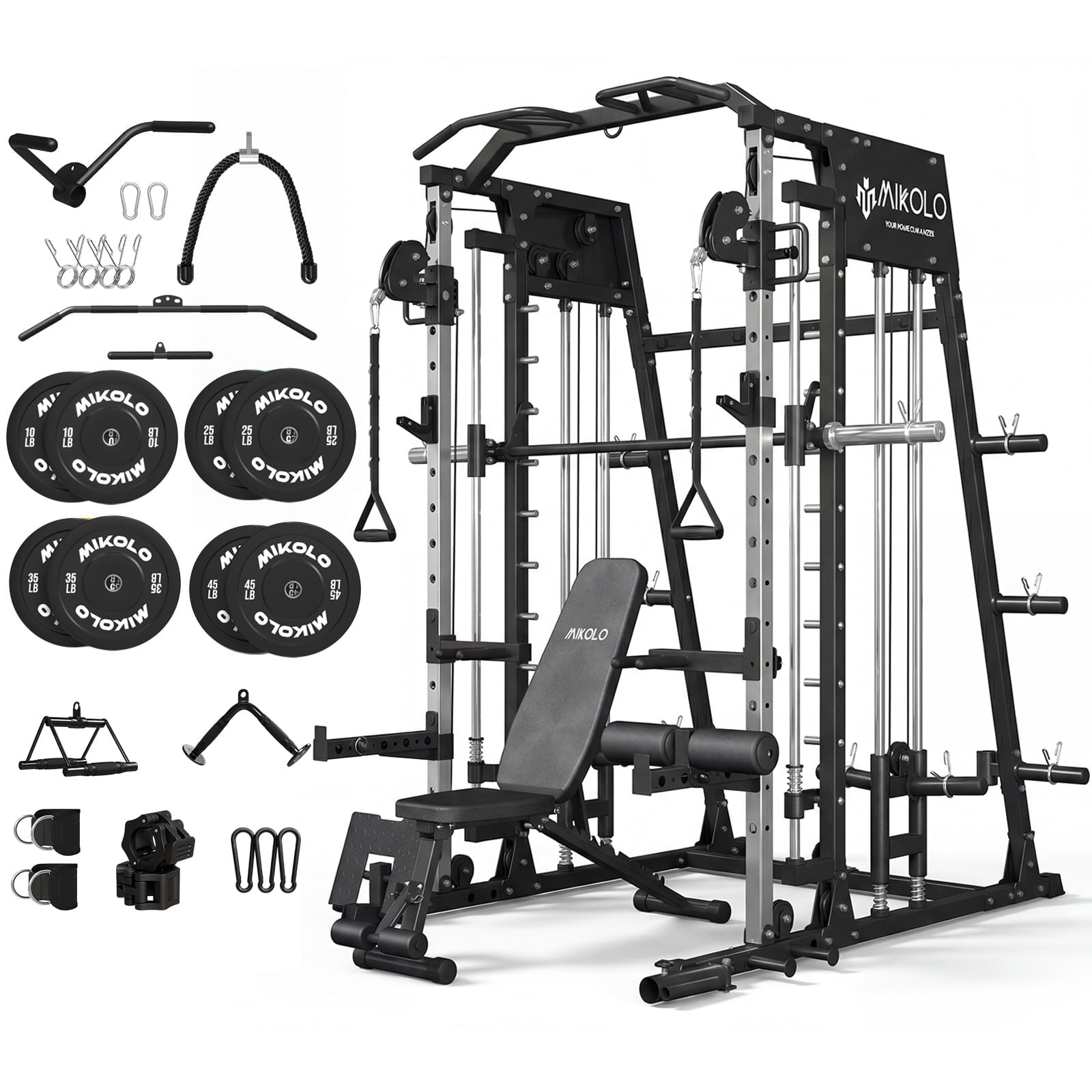 Mikolo M4 All-In-One Smith Machine Home Gym Package, 2200 lbs Power Rack Cage with Cable Crossover, 360° Landmine, Barbell Holders and Other Attachments, Total Body Strength Training Cage