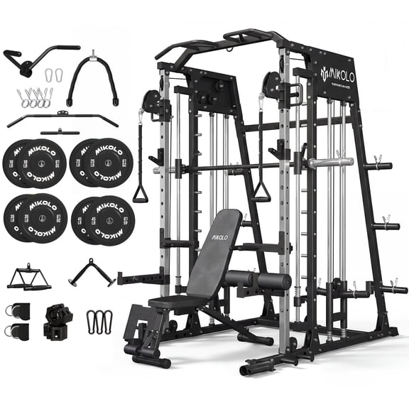 Mikolo M4 All-In-One Smith Machine Home Gym Package, 2200 lbs Power Rack Cage with Cable Crossover, 360° Landmine, Barbell Holders and Other Attachments, Total Body Strength Training Cage