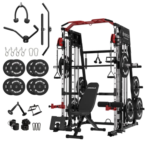 Mikolo M4 All-In-One Smith Machine Home Gym Package, 2200 lbs Power Rack Cage with Cable Crossover, 360° Landmine, Barbell Holders and Other Attachments, Total Body Strength Training Cage