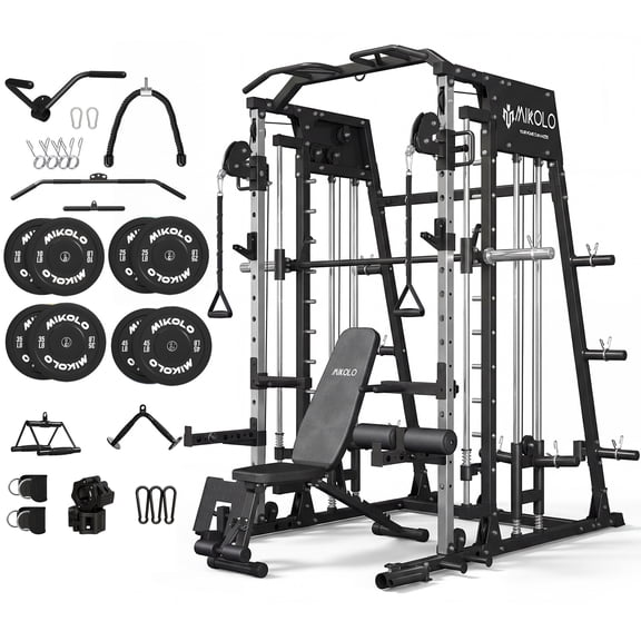 Mikolo M4 All-In-One Smith Machine Home Gym Package, 2200 lbs Power Rack Cage with Cable Crossover, 360° Landmine, Barbell Holders and Other Attachments, Total Body Strength Training Cage