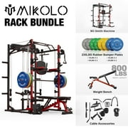 Mikolo Smith Machine Home Gym, 2000 lbs Power Rack Cage with Cable Crossover, Smith Cage with 800LB Capacity Adjustable Weight Bench and 230 lbs Weight Plate, Total Body Strength Training Cage