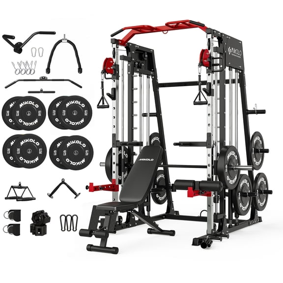Mikolo M4 All-In-One Smith Machine Home Gym Package, 2200 lbs Power Rack Cage with Cable Crossover, 360° Landmine, Barbell Holders and Other Attachments, Total Body Strength Training Cage