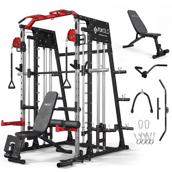 Mikolo Smith Machine Home Gym, 2200lbs Squat Rack with 800 lbs Weight Bench Combo, Training Equipment with LAT-Pull Down System & Cable Crossover Machine