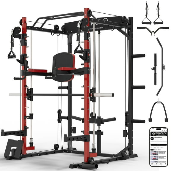 Mikolo Smith Machine, 2000lbs Squat Rack with 1200 lb Capacity Red , Training Equipment with LAT-Pull Down System & Cable Crossover Machine