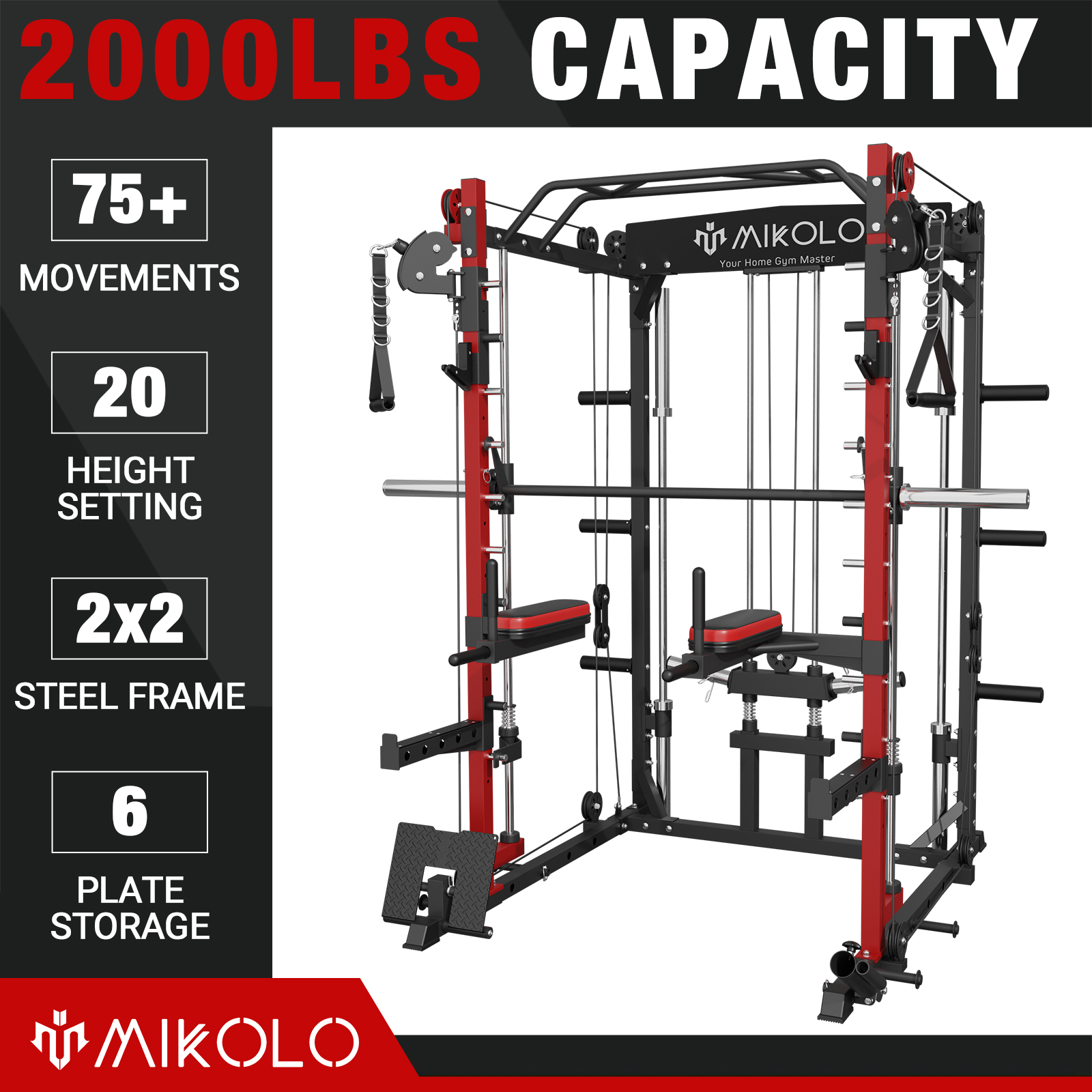 Mikolo Smith Machine Home Gym, 2000lbs Squat Rack with LAT-Pull Down System & Cable Crossover Machine, Training Equipment - image 1 of 11