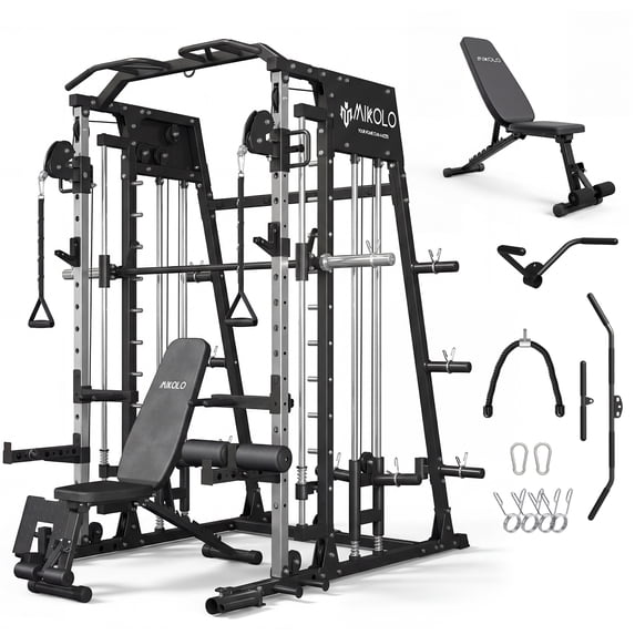 Mikolo M4 Smith Machine Home Gym, 2200 lbs Power Rack Cage with Cable Crossover, Weight Bar, 360° Landmine, Barbell Holders and Other Attachments, Total Body Strength Training Cage