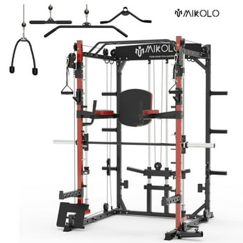 Mikolo Smith Machine, 2000lbs Squat Rack with 800 lb Capacity Red , Training Equipment with LAT-Pull Down System & Cable Crossover Machine